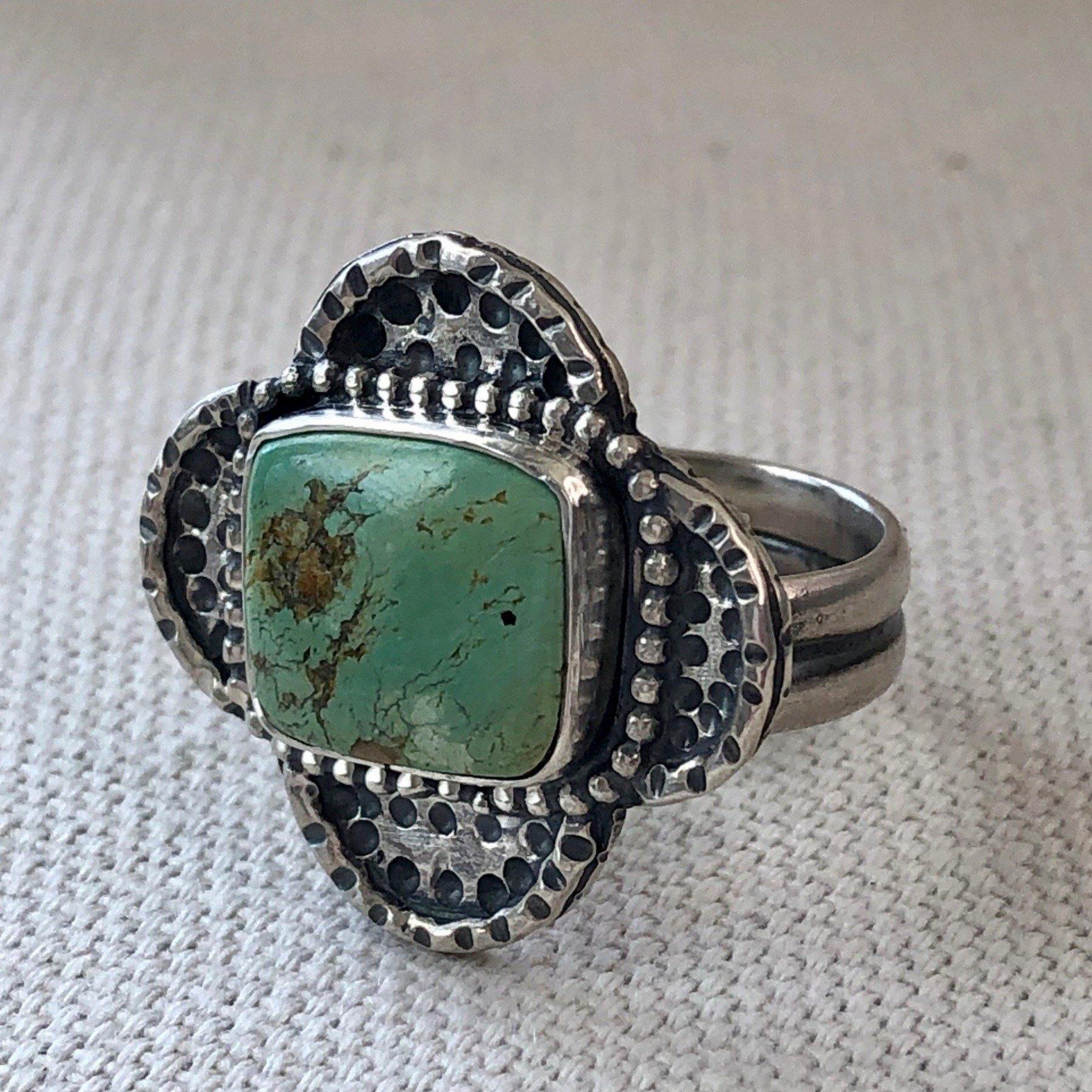 Crossways | Sterling Silver Textured and Beaded Statement Ring with Turquoise - Silver Harvest Studio