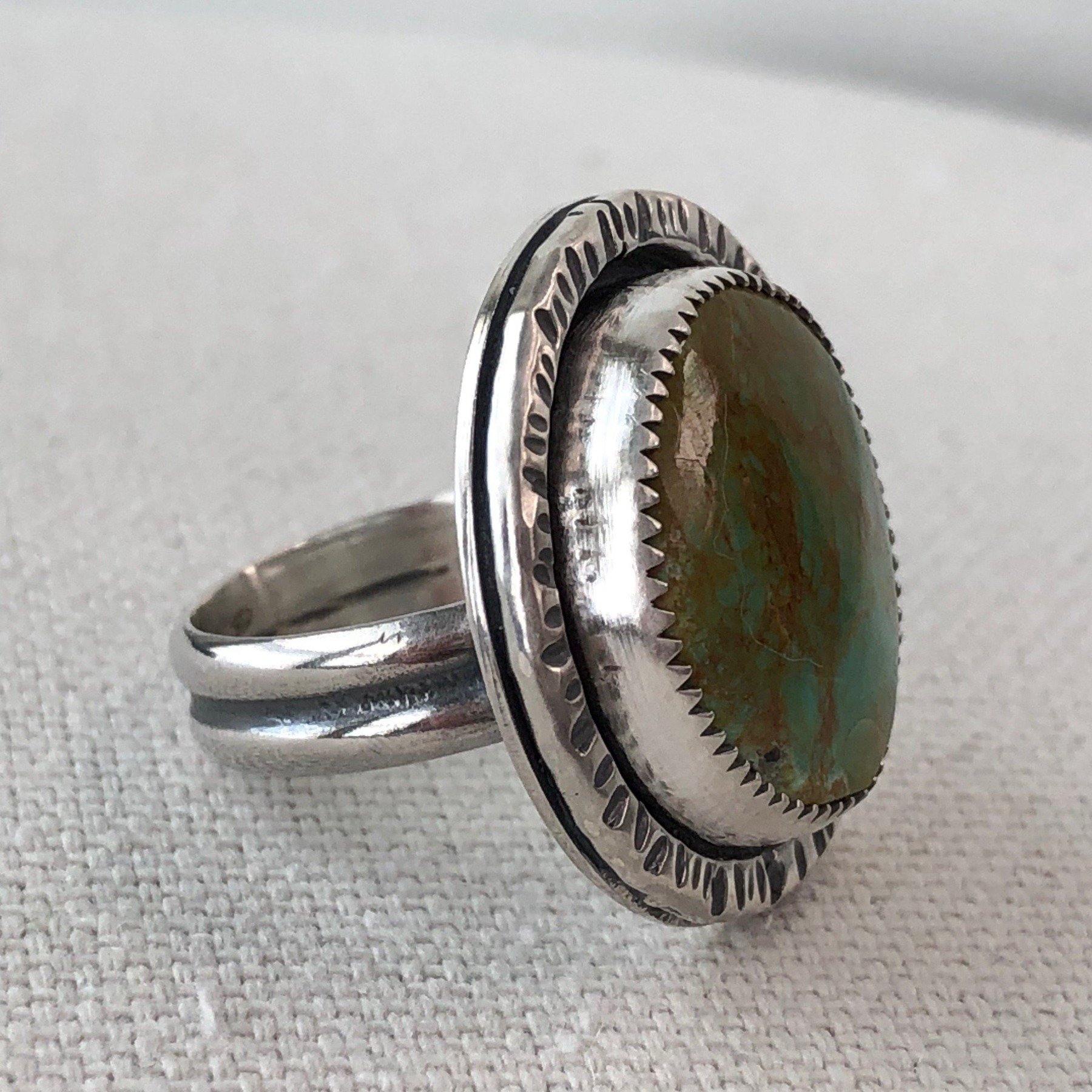 El Sol | Silver Textured Statement Ring with Large Turquoise - Silver Harvest Studio