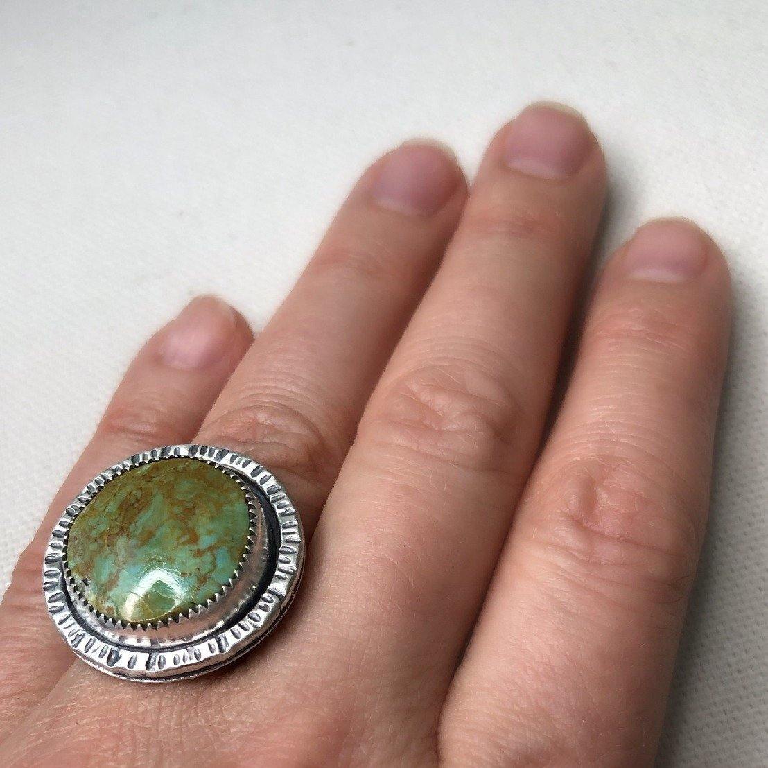 El Sol | Silver Textured Statement Ring with Large Turquoise - Silver Harvest Studio