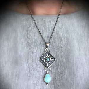 Blooming Tranquility | Sterling Silver Statement Pendant Necklace with Olive Leaves and Turquoise - Silver Harvest Studio