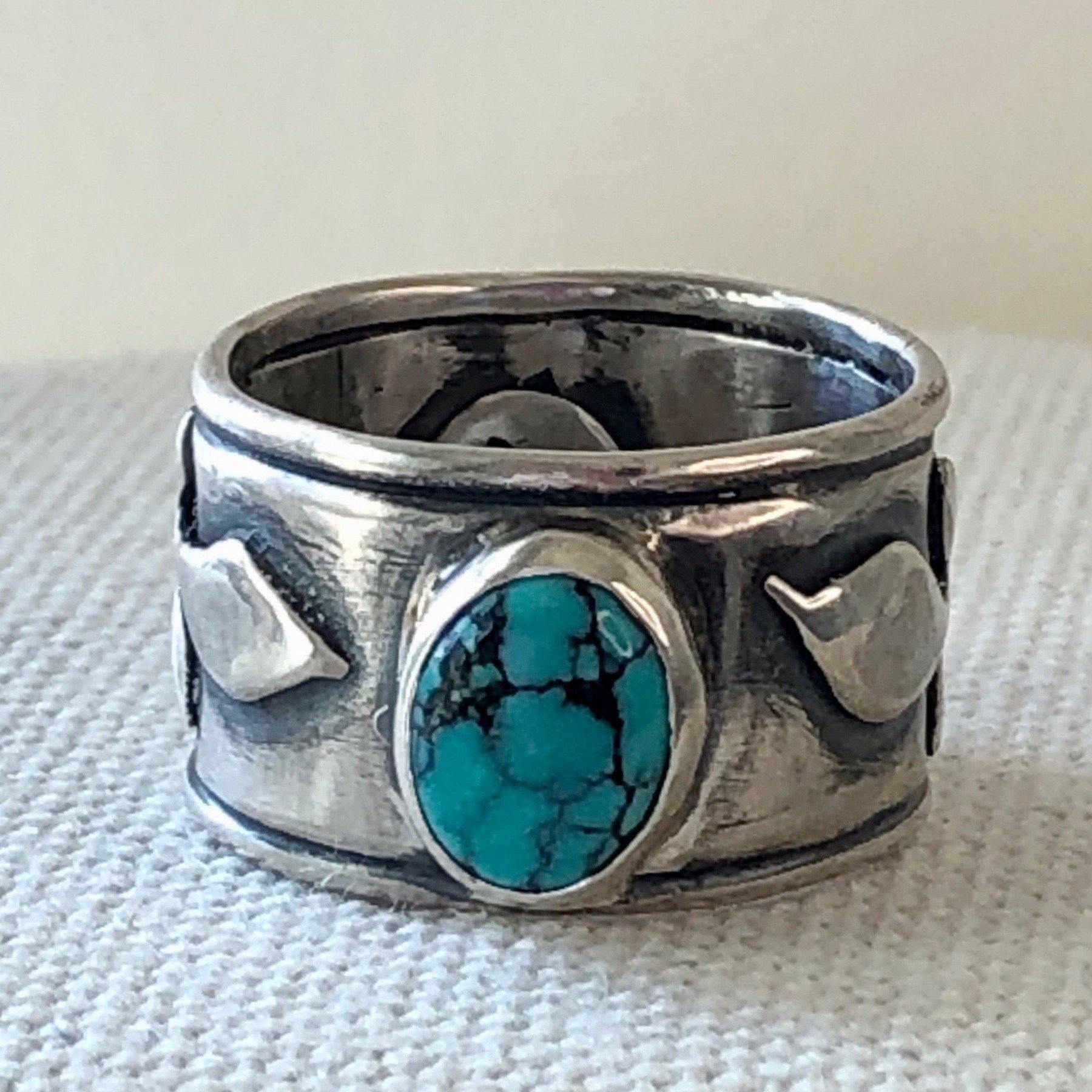 Trailing | Sterling Silver Botanical Statement Ring with Turquoise - Silver Harvest Studio