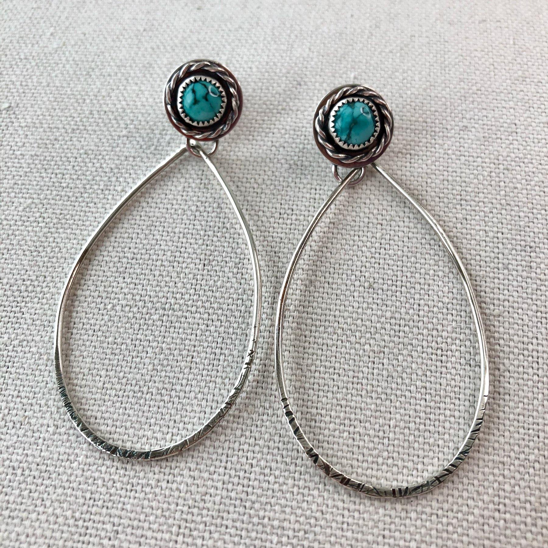 Cuerda | Sterling Silver Textured Dangle Earrings with Turquoise - Silver Harvest Studio